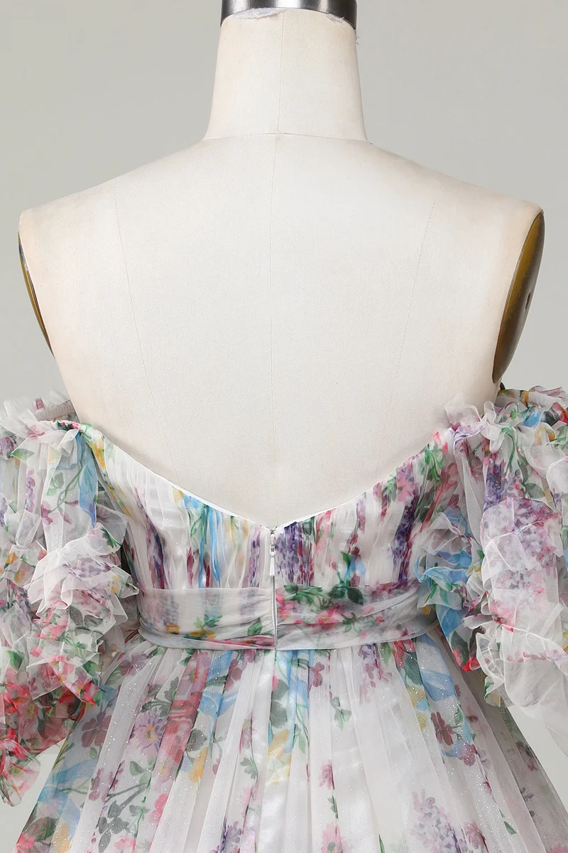 Robe de soirée courte en tulle à imprimé floral ivoire, coupe trapèze, manches bouffantes