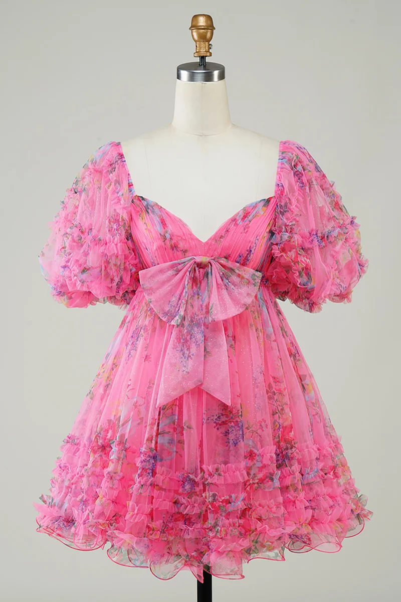 Robe de soirée courte en tulle à imprimé floral ivoire, coupe trapèze, manches bouffantes