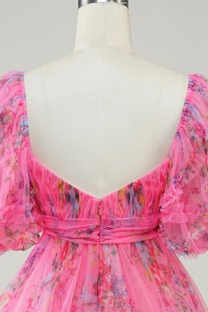 Robe de soirée courte en tulle à imprimé floral ivoire, coupe trapèze, manches bouffantes
