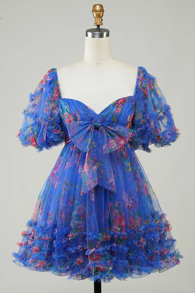 Robe de soirée courte en tulle à imprimé floral ivoire, coupe trapèze, manches bouffantes