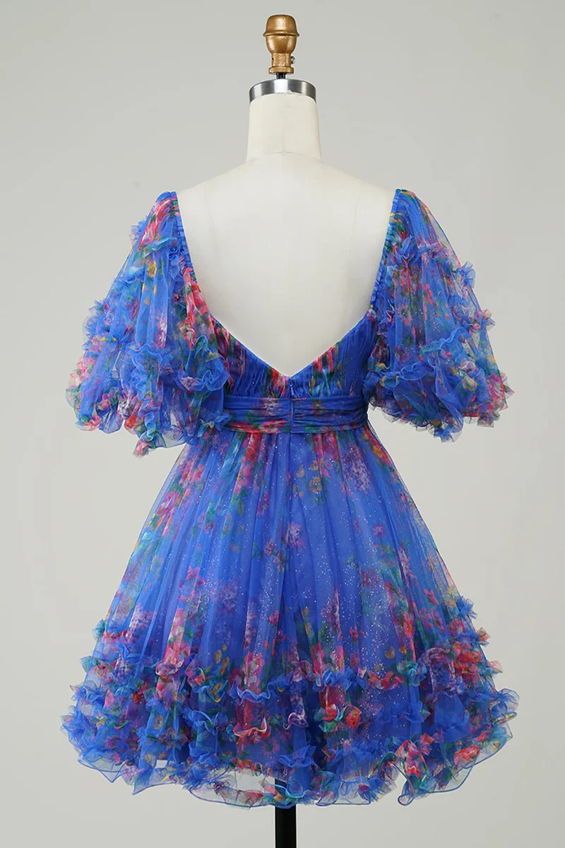 Robe de soirée courte en tulle à imprimé floral ivoire, coupe trapèze, manches bouffantes