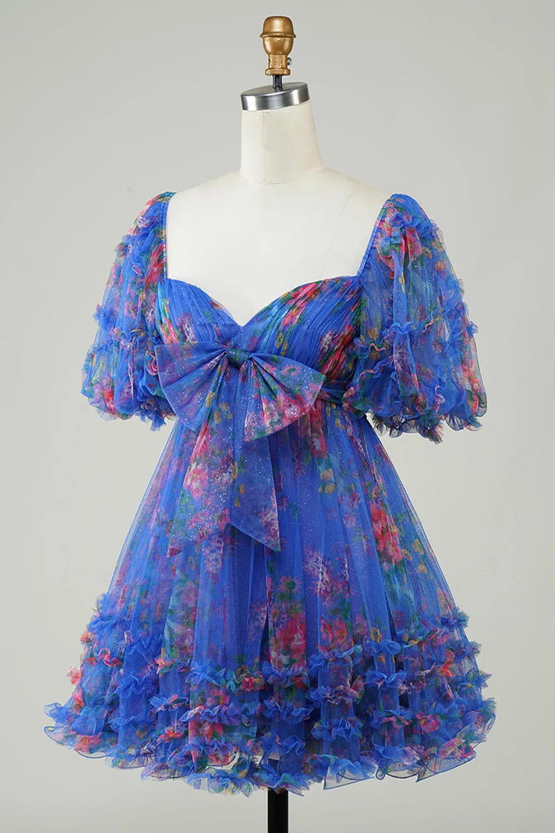 Robe de soirée courte en tulle à imprimé floral ivoire, coupe trapèze, manches bouffantes
