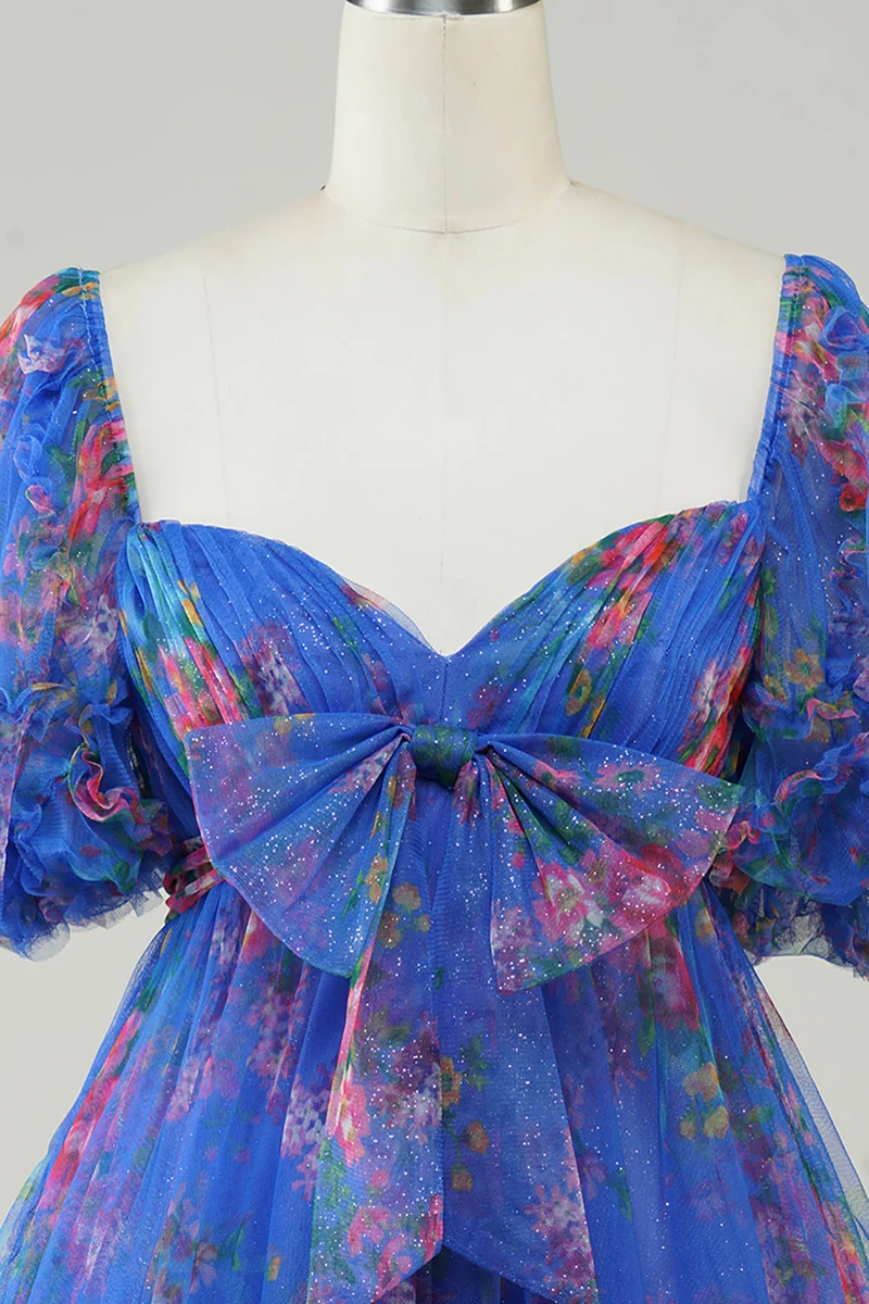 Robe de soirée courte en tulle à imprimé floral ivoire, coupe trapèze, manches bouffantes