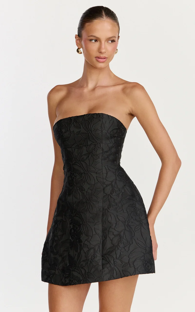 Rosalie Mini Dress - Strapless Jacquard Floral Mini Dress in Black