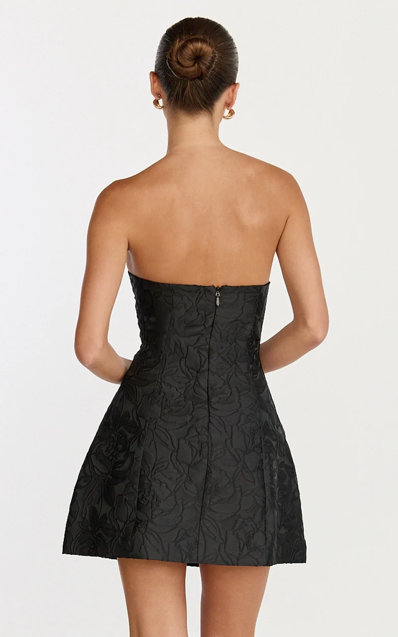 Rosalie Mini Dress - Strapless Jacquard Floral Mini Dress in Black