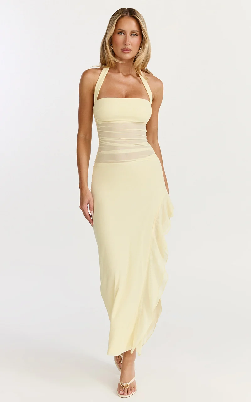 Almarie Midi Dress - Halter Neck Mesh Dress in Lemon