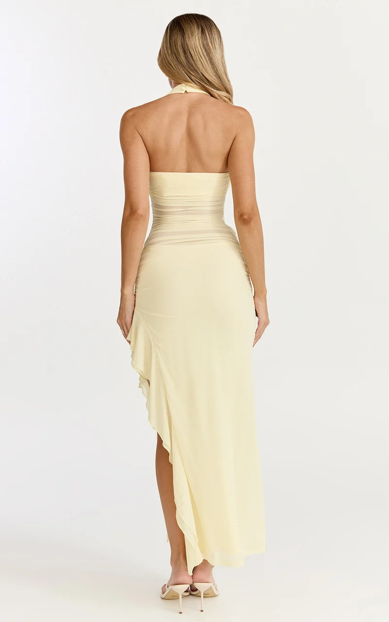 Almarie Midi Dress - Halter Neck Mesh Dress in Lemon