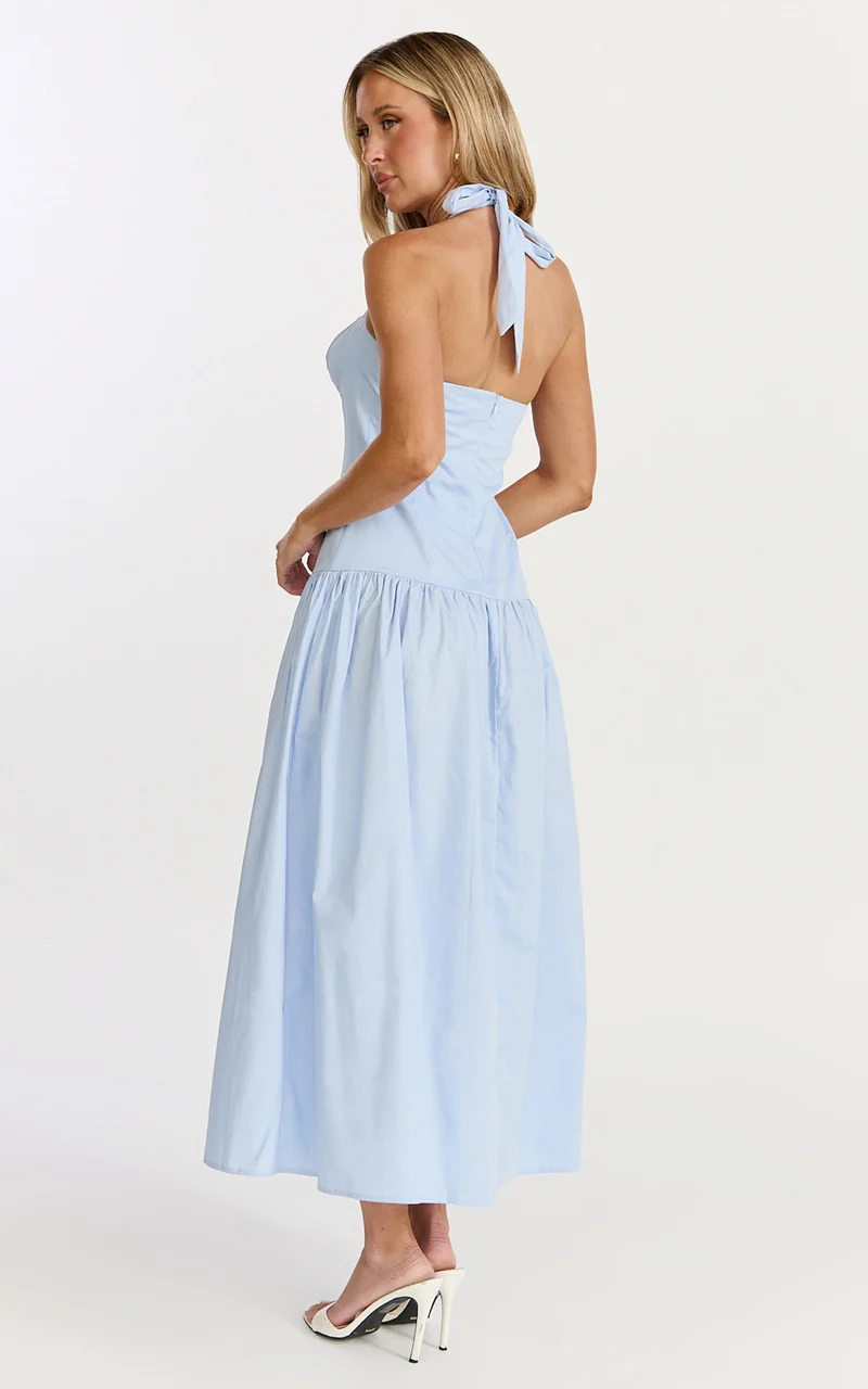 Nyx Midi Dress - Halter Neck Drop Waist Dress in Blue