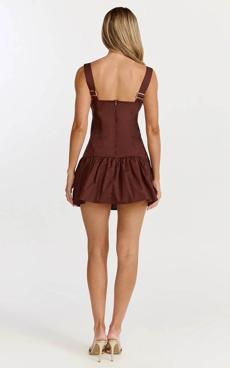 Nyx Mini Dress - Balconette Bodice Drop Waist Dress in Chocolate