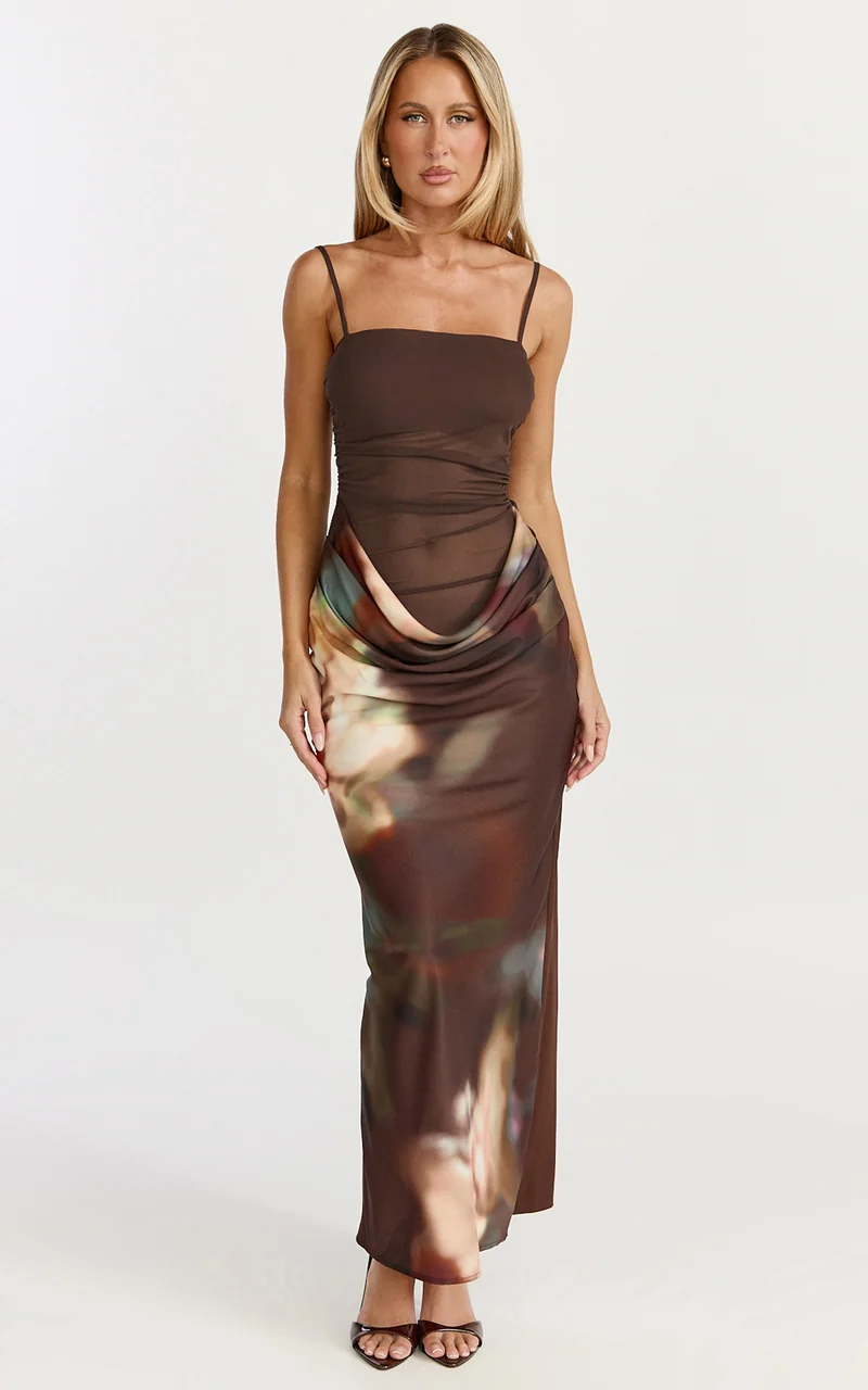 Onyx Midi Dress - Floral Print Cowl Drop Waist Skirt Dress in Onyx Floral Print