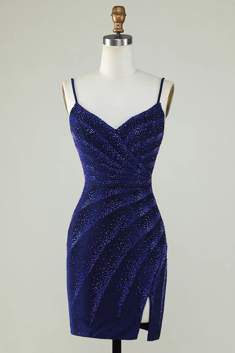Robe de soirée courte bleu roi à sequins et bretelles spaghetti avec perles