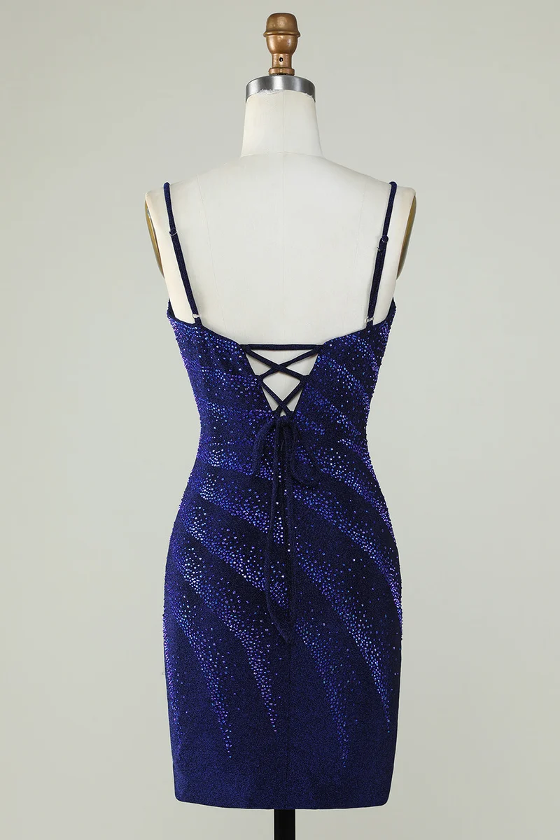 Robe de soirée courte bleu roi à sequins et bretelles spaghetti avec perles