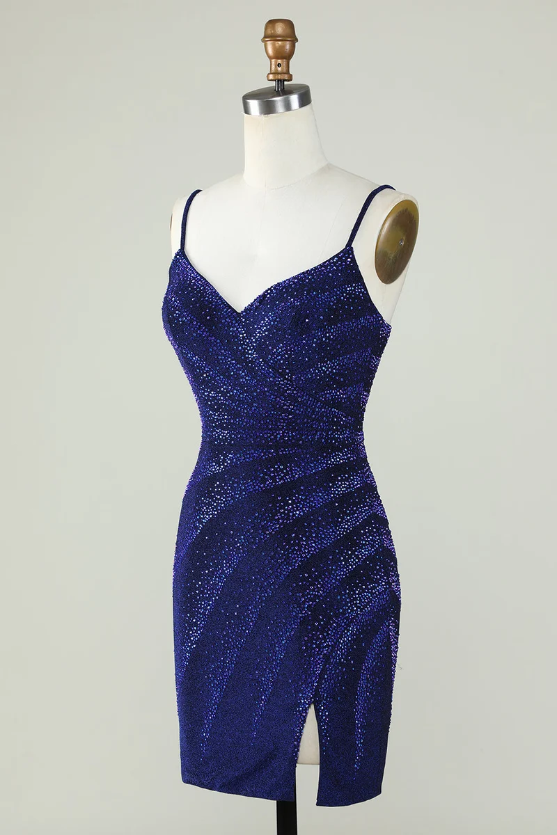 Robe de soirée courte bleu roi à sequins et bretelles spaghetti avec perles