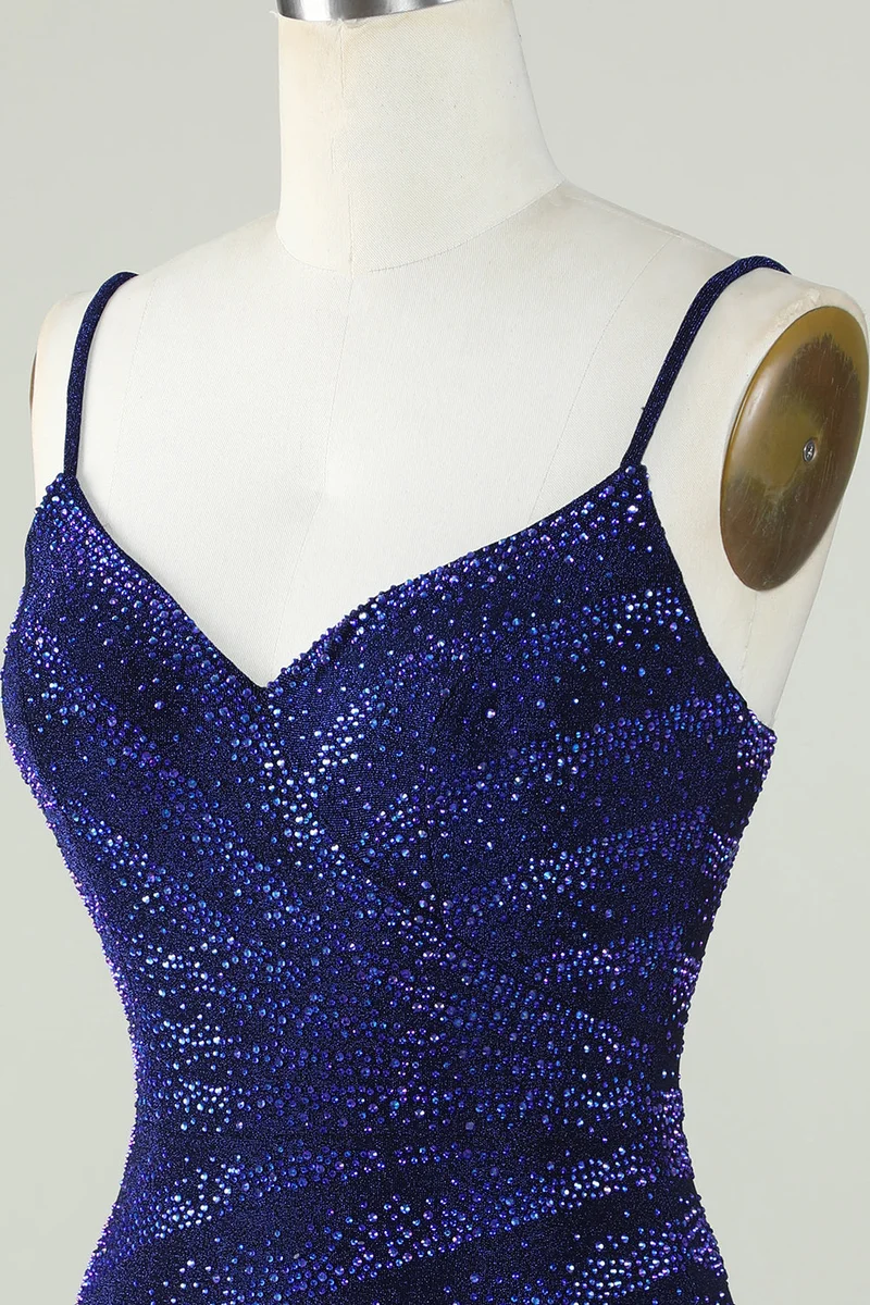 Robe de soirée courte bleu roi à sequins et bretelles spaghetti avec perles