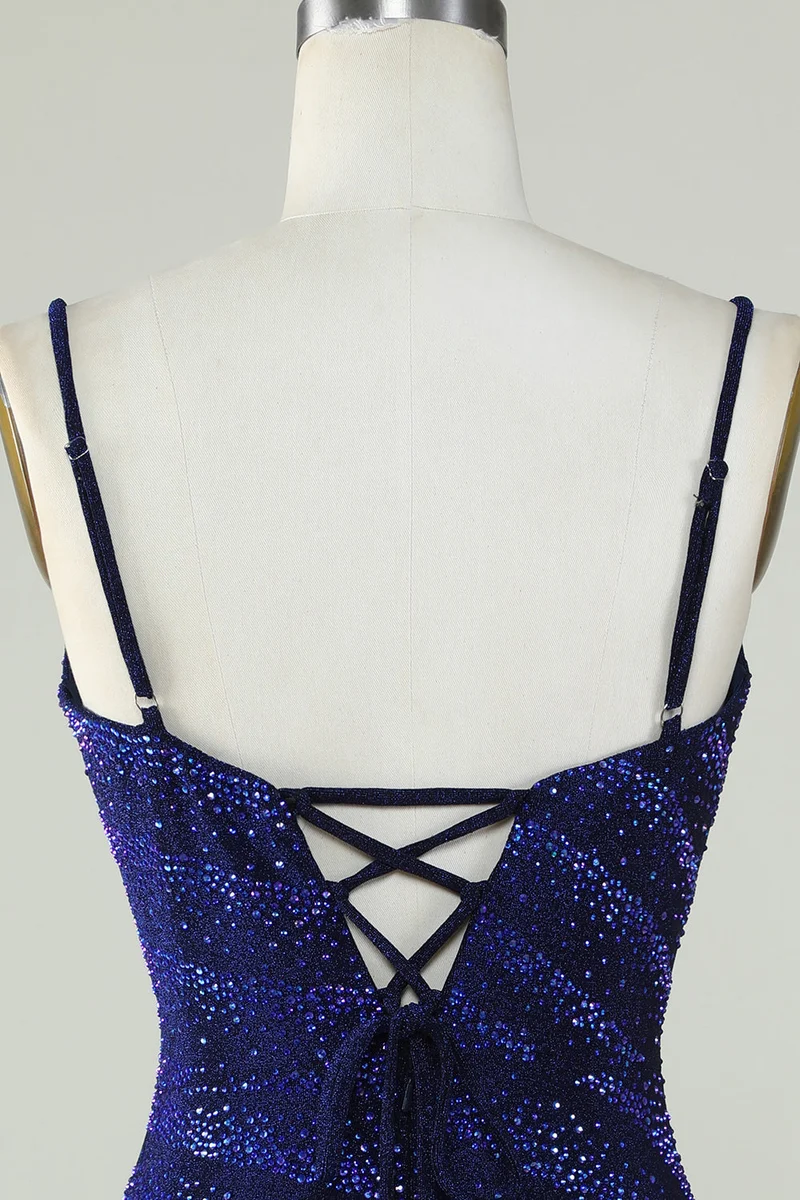 Robe de soirée courte bleu roi à sequins et bretelles spaghetti avec perles