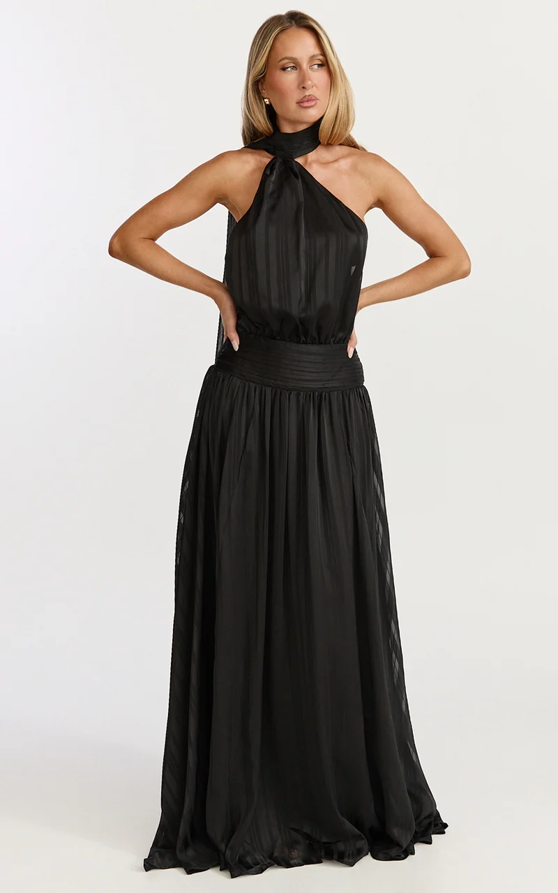 Mirabelle Maxi Dress - Scarf Neck Backless High Low Dress in Black
