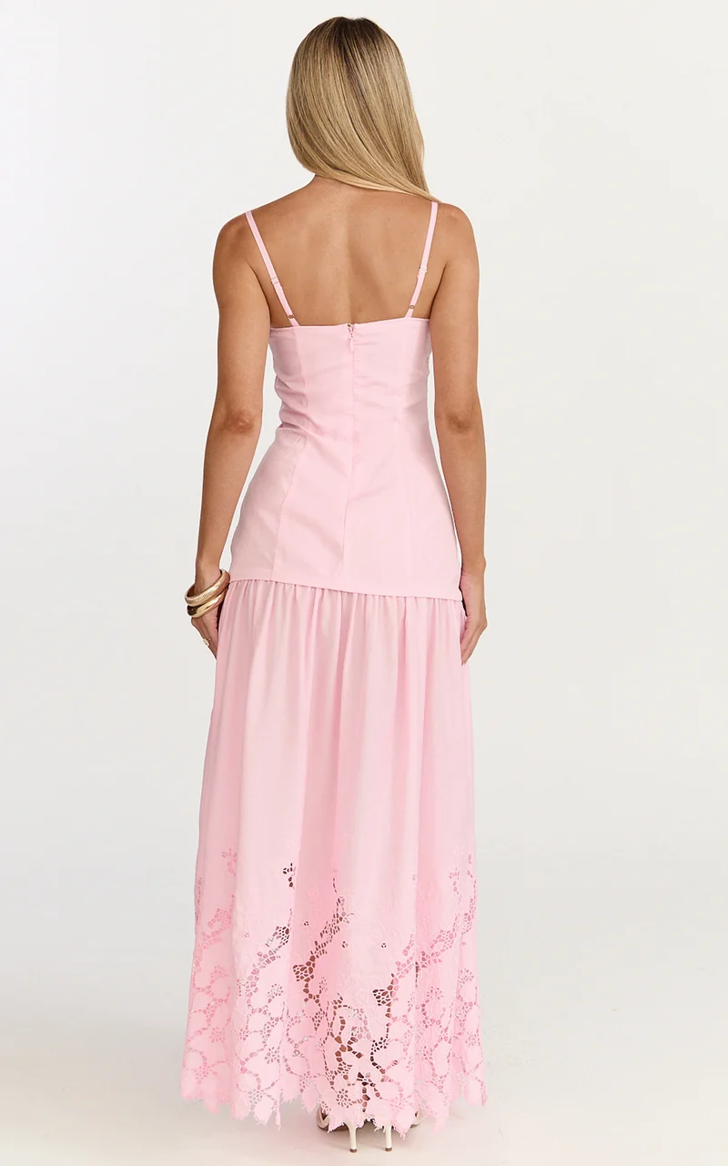 Everly Maxi Dress - Straight Neck Broderie Cut Out Hem Dress in Pink