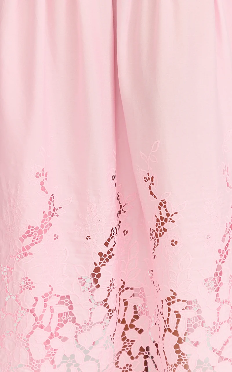 Everly Maxi Dress - Straight Neck Broderie Cut Out Hem Dress in Pink
