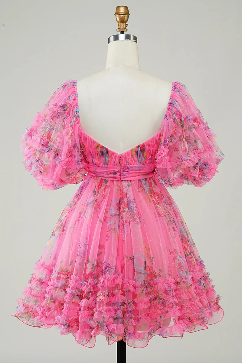 Robe de soirée courte rose vif à imprimé floral et nœud