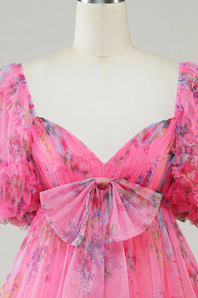 Robe de soirée courte rose vif à imprimé floral et nœud