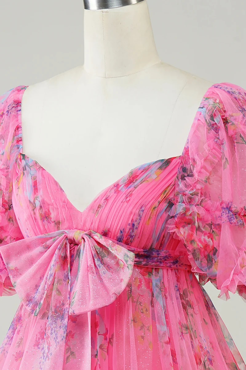 Robe de soirée courte rose vif à imprimé floral et nœud
