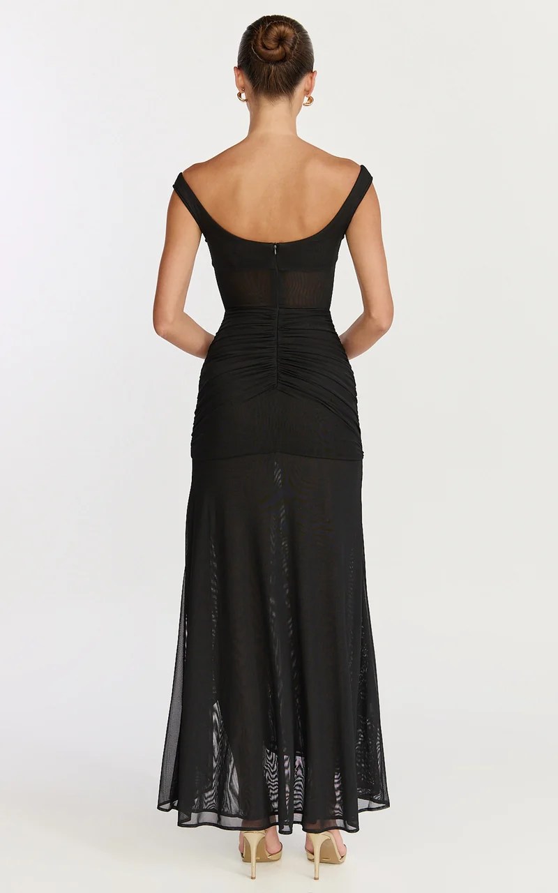 Demetria Maxi Dress - Mesh Bodycon Dress in Black