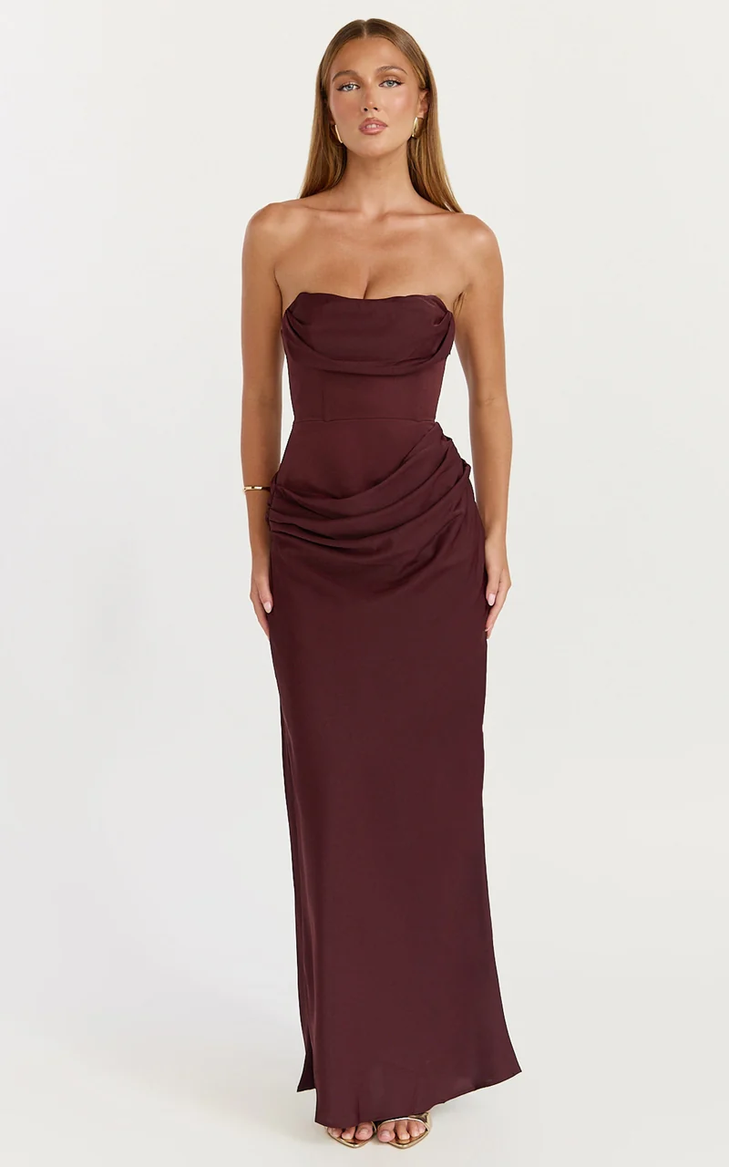 Phoebe Maxi Dress - Strapless Structured Bodice Drape Skirt Dress in Plum