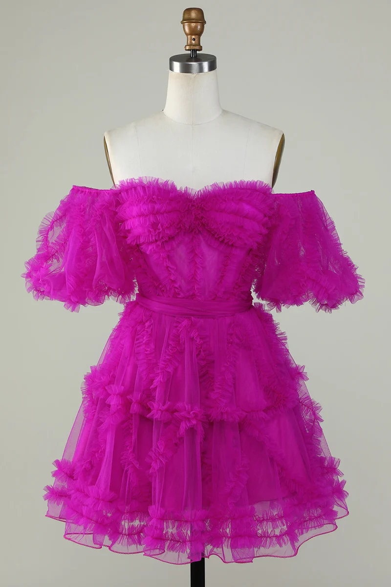 Charmante robe de soirée fuchsia à épaules dénudées et décolleté en cœur