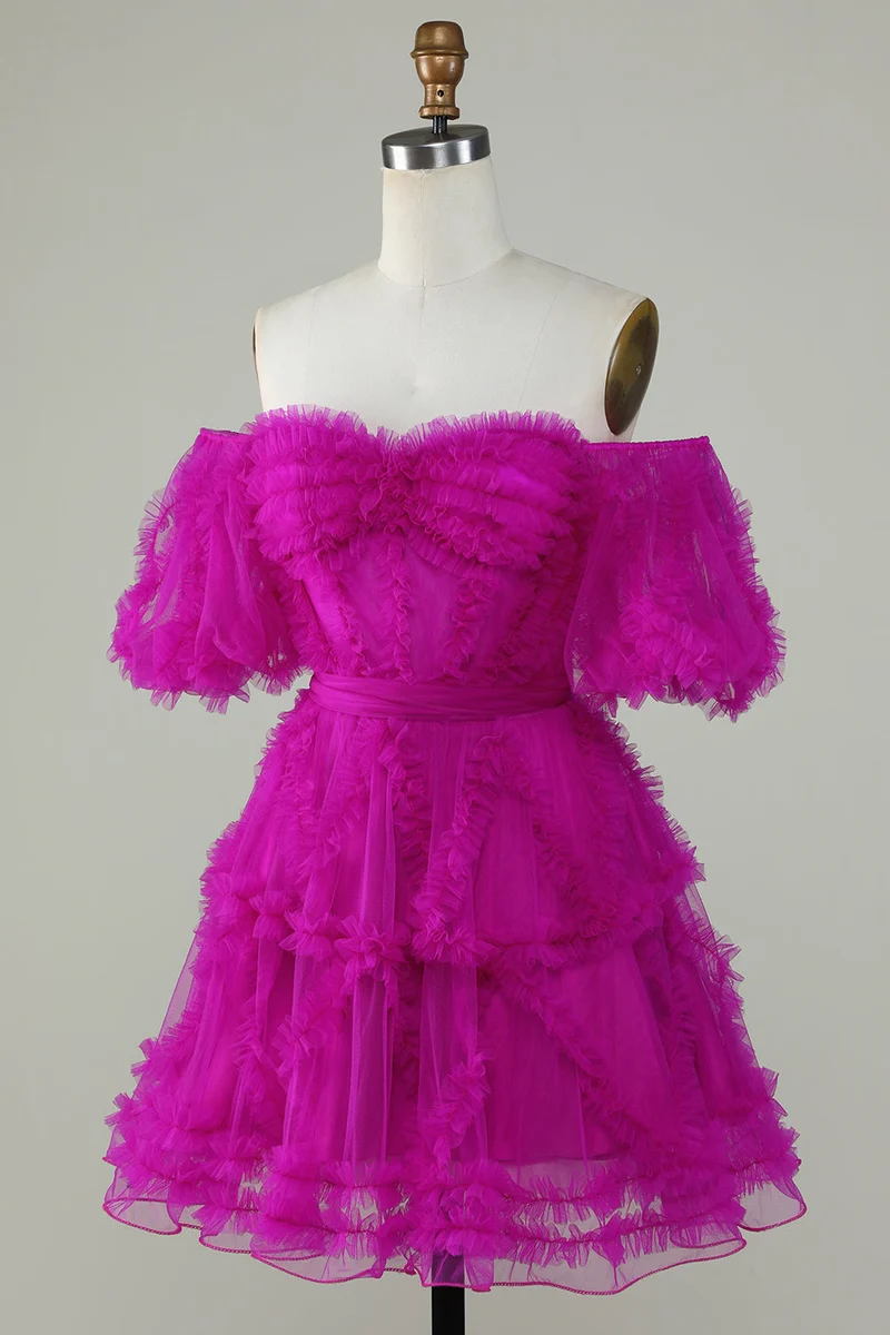 Charmante robe de soirée fuchsia à épaules dénudées et décolleté en cœur