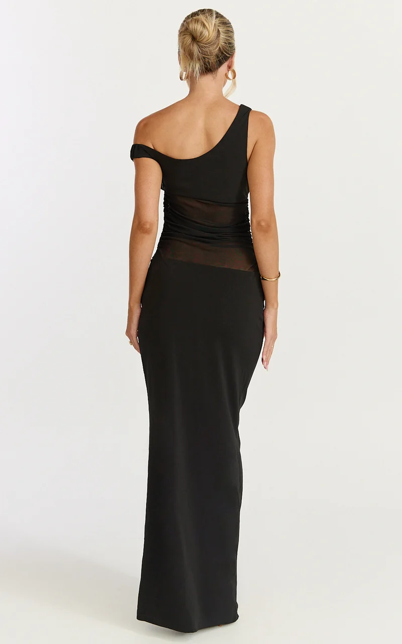 Elias Maxi Dress - Twisted One Shoulder Cowl Dropped Waist Dress in Black