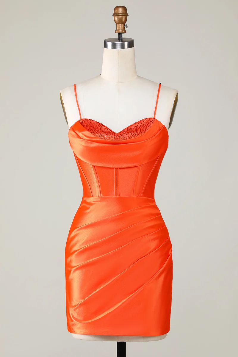 Robe de soirée courte moulante à corset et perles scintillantes orange – Perfect Party