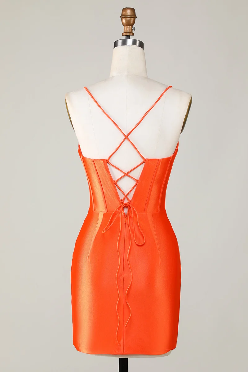 Robe de soirée courte moulante à corset et perles scintillantes orange – Perfect Party