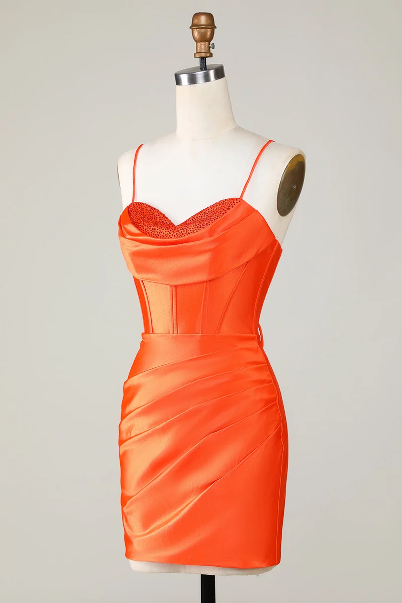 Robe de soirée courte moulante à corset et perles scintillantes orange – Perfect Party