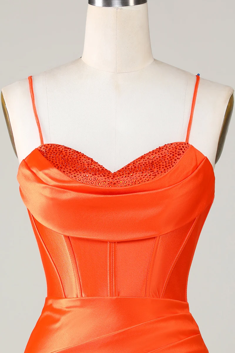 Robe de soirée courte moulante à corset et perles scintillantes orange – Perfect Party
