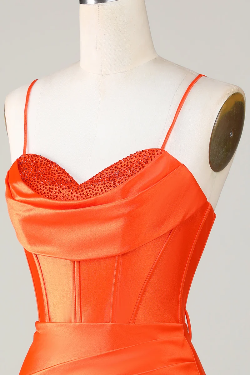Robe de soirée courte moulante à corset et perles scintillantes orange – Perfect Party