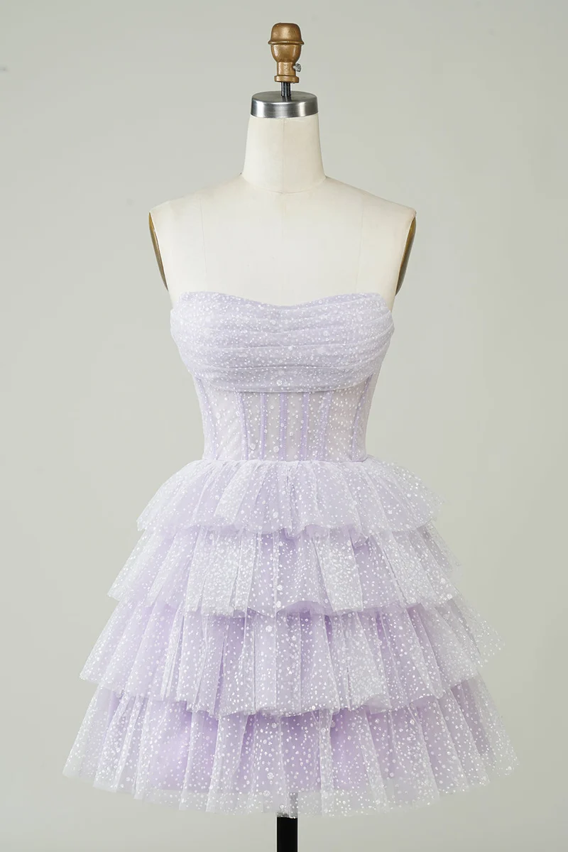 Robe de soirée courte bustier à volants et corset violet scintillant