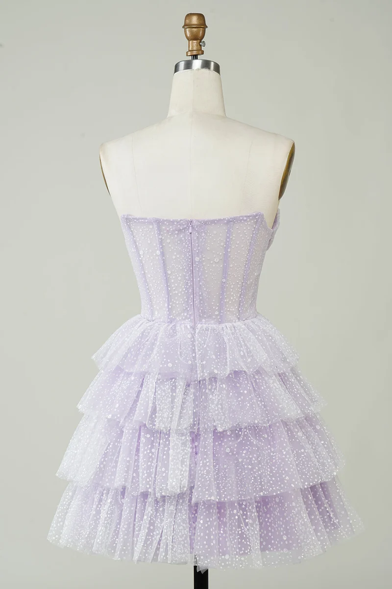 Robe de soirée courte bustier à volants et corset violet scintillant