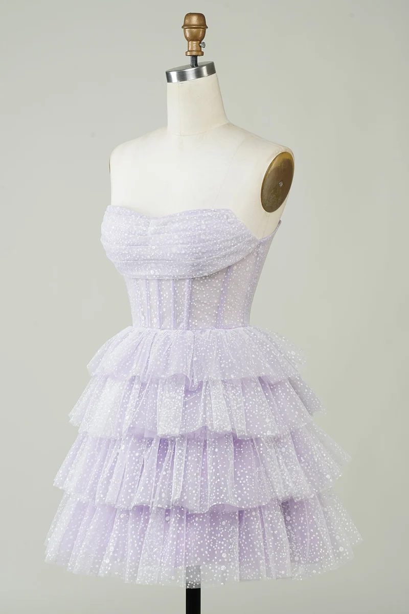 Robe de soirée courte bustier à volants et corset violet scintillant