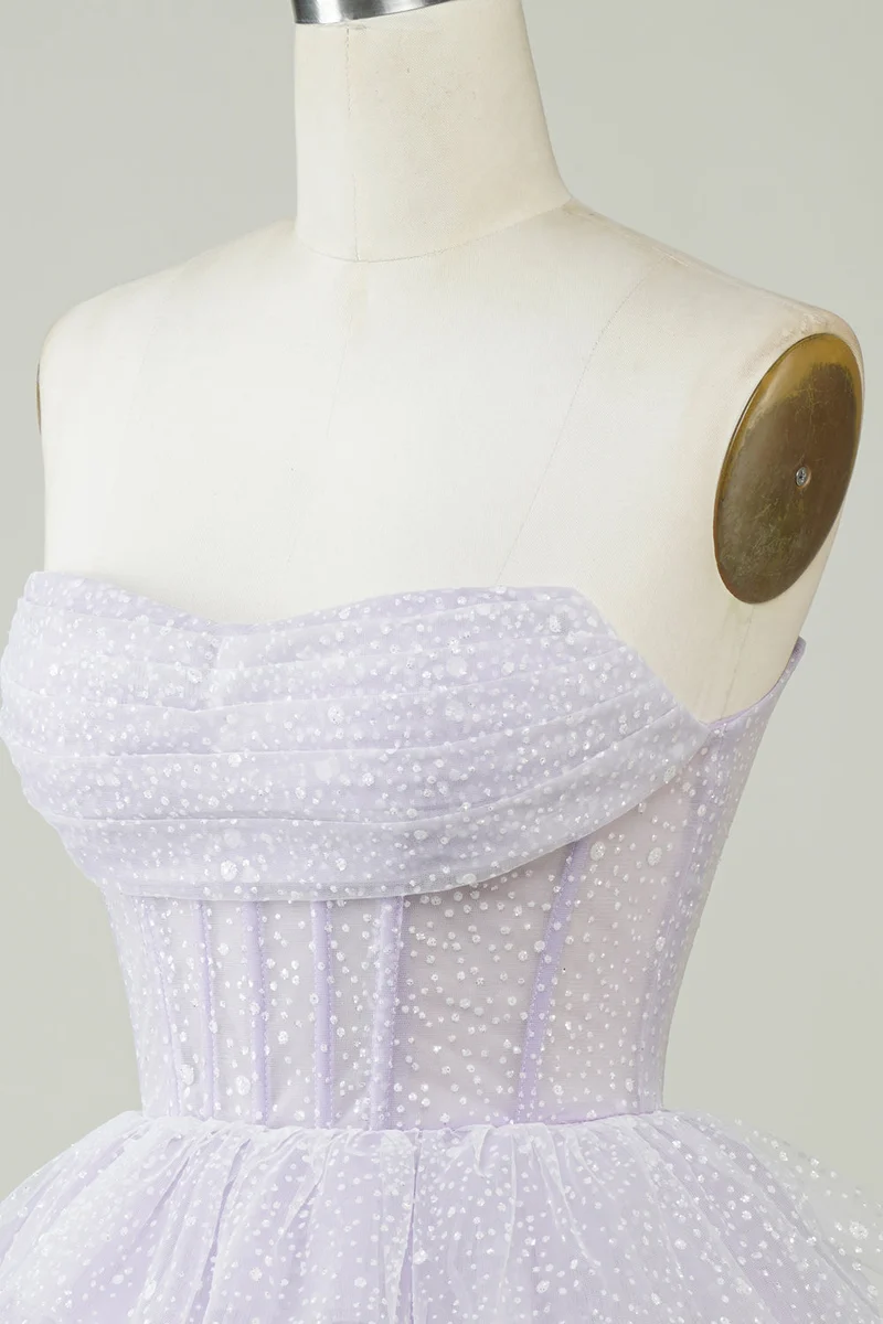 Robe de soirée courte bustier à volants et corset violet scintillant