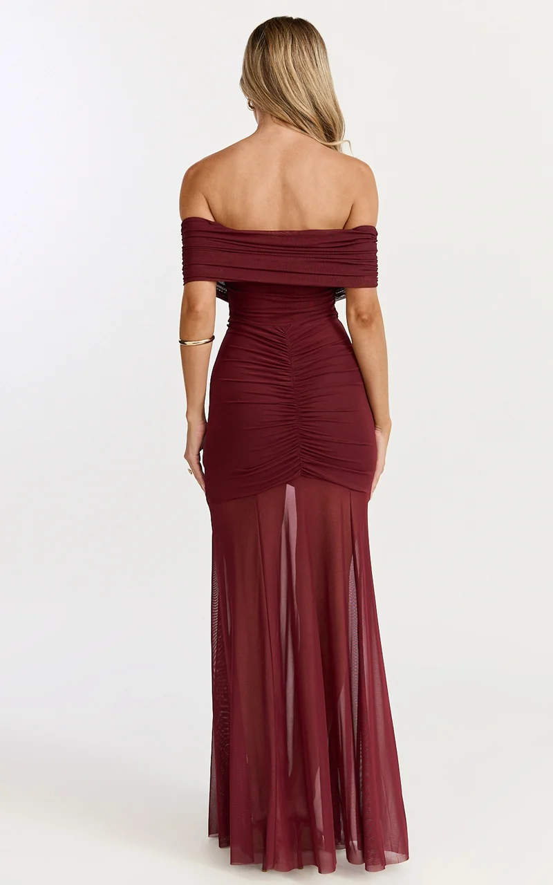 Alanna Maxi Dress - Off Shoulder Ruched Mesh Dress in Wine