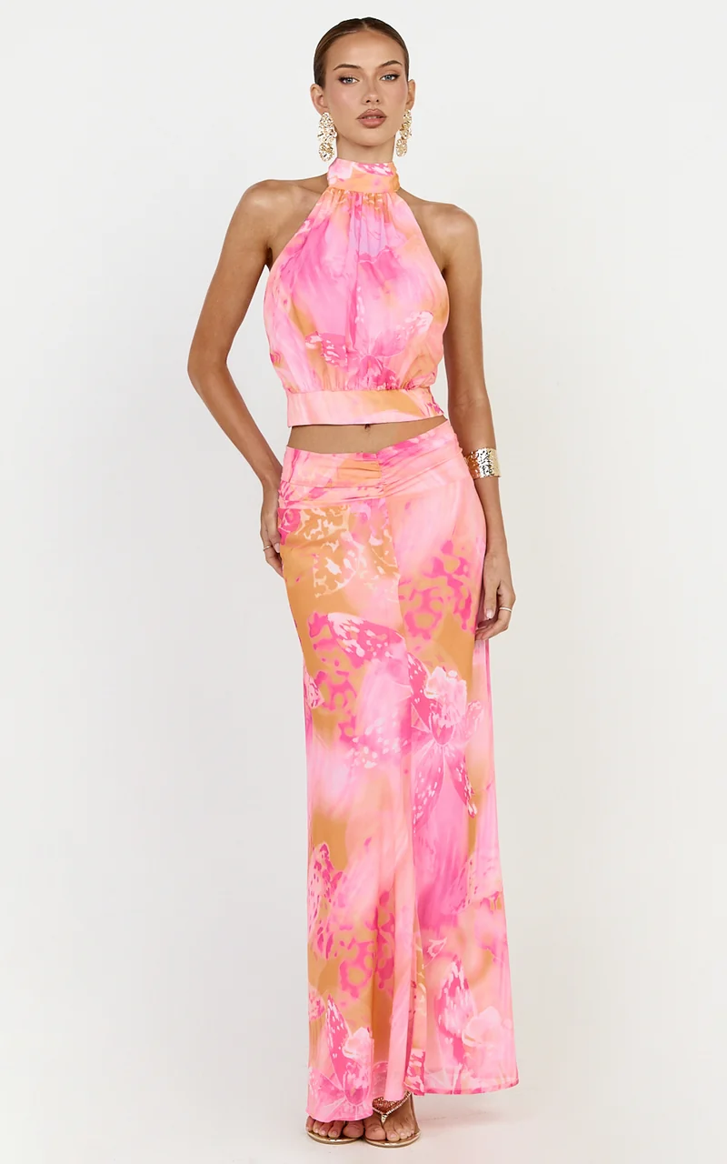 Nova Maxi Skirt - Gathered Waist Skirt in Hot House Orchid Print
