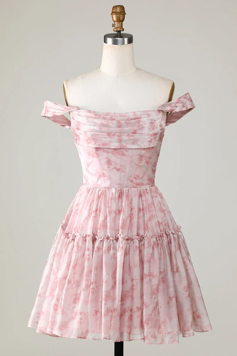 Robe de soirée élégante à imprimé blush, coupe trapèze, volants et tulle
