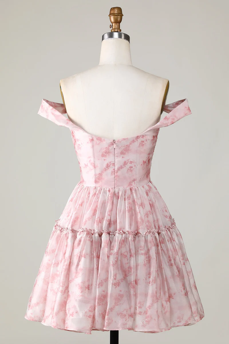 Robe de soirée élégante à imprimé blush, coupe trapèze, volants et tulle
