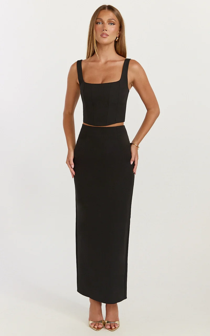 Stormi Two Piece Set - Corset Top And Maxi Skirt Set in Black