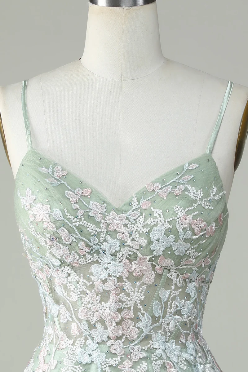 Robe de soirée à bretelles spaghetti Dusty Sage avec dos croisé