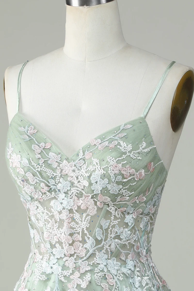 Robe de soirée à bretelles spaghetti Dusty Sage avec dos croisé