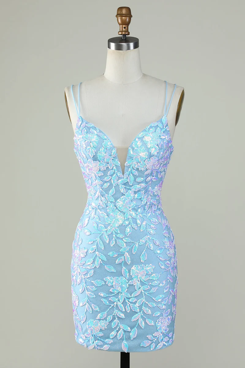 Robe de soirée courte bleu clair à lacets scintillants dans le dos