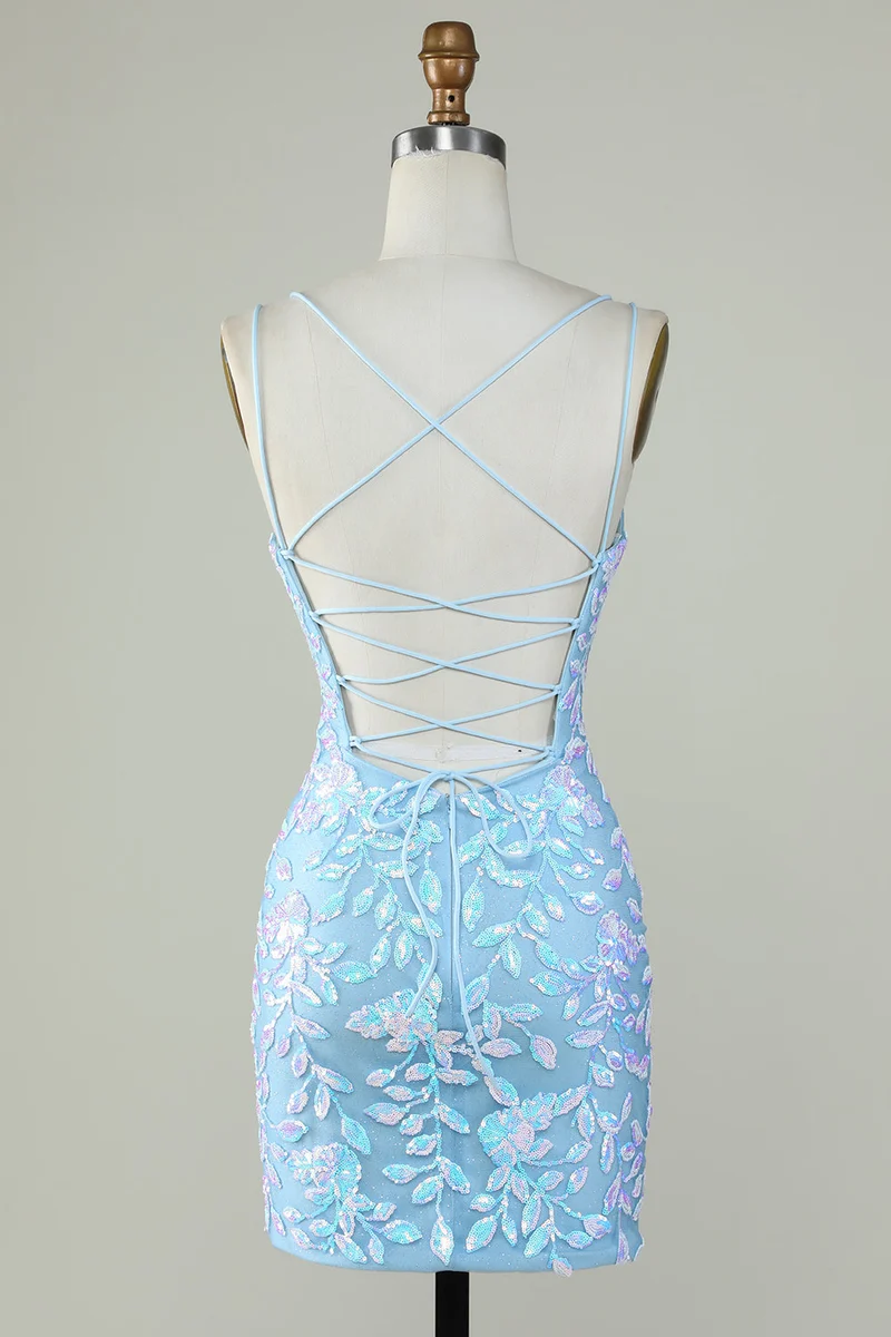 Robe de soirée courte bleu clair à lacets scintillants dans le dos