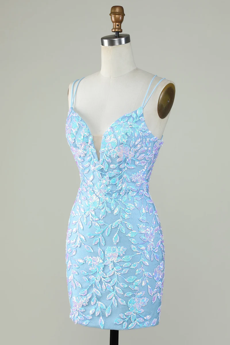 Robe de soirée courte bleu clair à lacets scintillants dans le dos