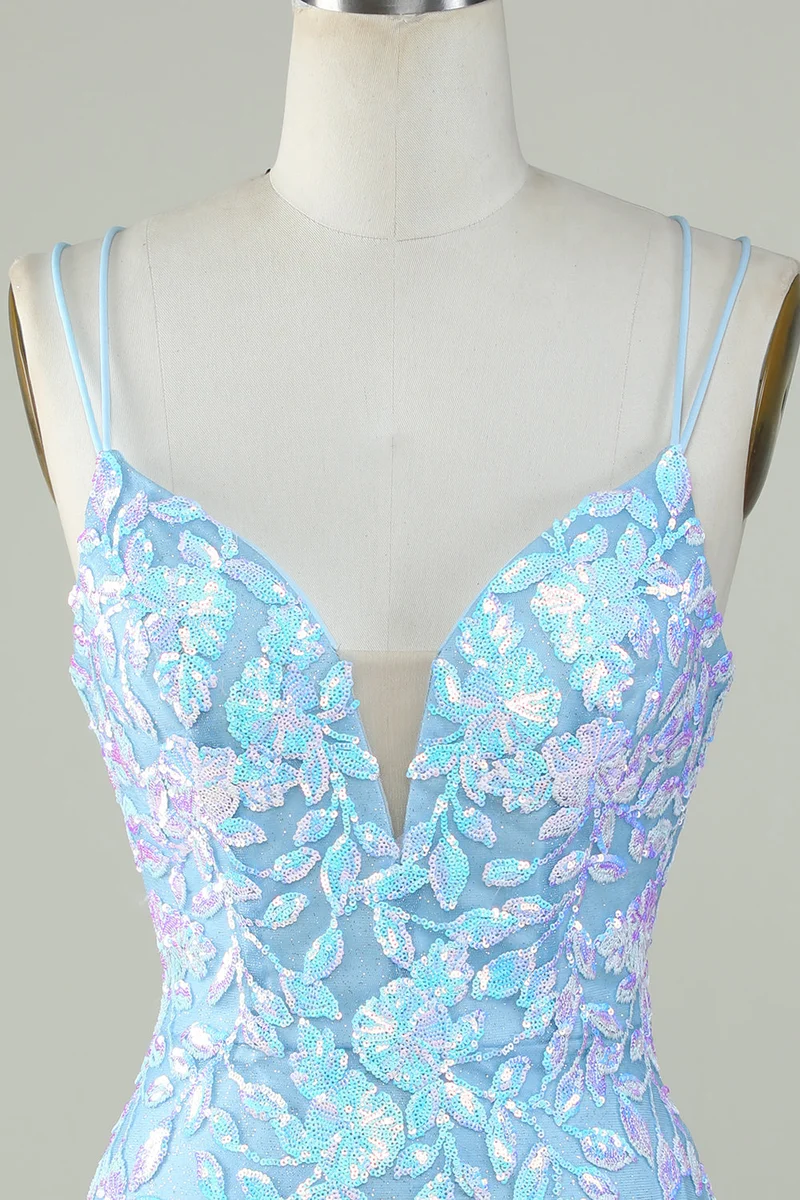 Robe de soirée courte bleu clair à lacets scintillants dans le dos